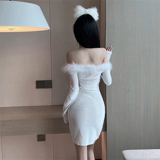 Sexy Lady Fur Boat Neck Skinny Velvet Long Sleeve Dress Sexy Lady Fur Boat Neck Skinny Velvet Long Sleeve Dress 5