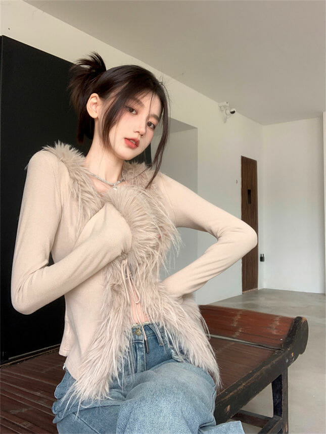 Sexy Tie V-Neck Fur Tassels Knitting Tops Sexy Tie V-neck Fur Tassels Knitting Tops 5