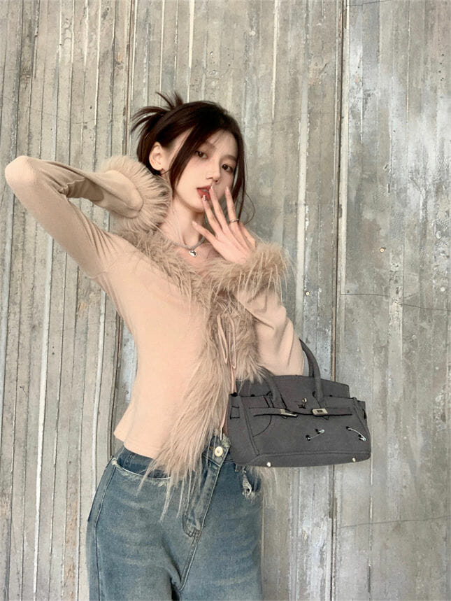 Sexy Tie V-Neck Fur Tassels Knitting Tops3 Sexy Tie V-neck Fur Tassels Knitting Tops 3