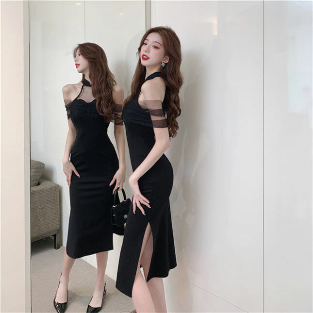 Sexy Women Gauze Off Shoulder Split Cheongsam Dress2 Sexy Women Gauze Off Shoulder Split Cheongsam Dress 4