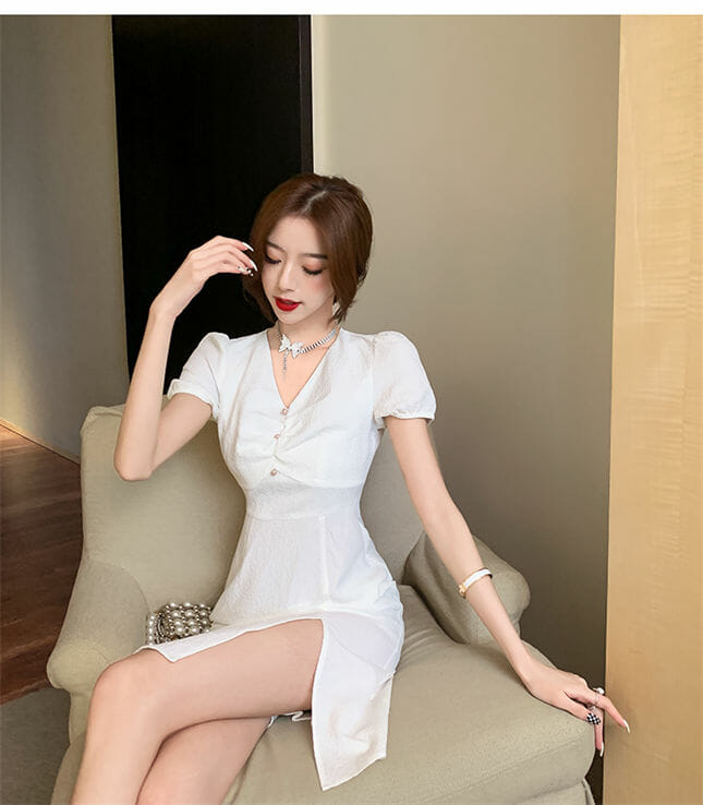 Simple Fashion 2 Colors V-Neck Puff Sleeve Slim Dress5 Simple Fashion 2 Colors V-neck Puff Sleeve Slim Dress 3