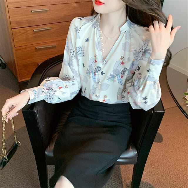 Spring Buttons V-Neck Flowers Long Sleeve Blouse2 Spring Buttons V-neck Flowers Long Sleeve Blouse 4