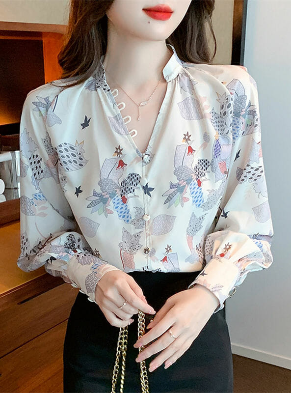 Spring Buttons V-Neck Flowers Long Sleeve Blouse5 Spring Buttons V-neck Flowers Long Sleeve Blouse 1