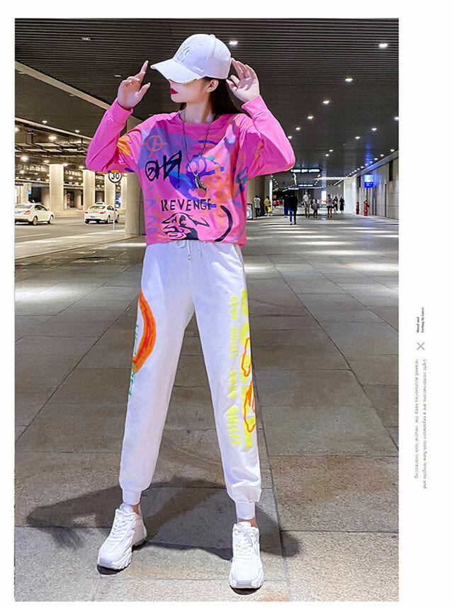 Street Fashion 3 Colors Scrawls Tops With Casual Long Pants2 Street Fashion 3 Colors Scrawls Tops with Casual Long Pants 5