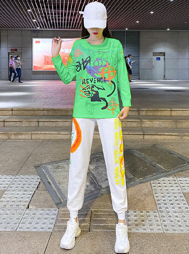 Street Fashion 3 Colors Scrawls Tops With Casual Long Pants6 Street Fashion 3 Colors Scrawls Tops with Casual Long Pants 1