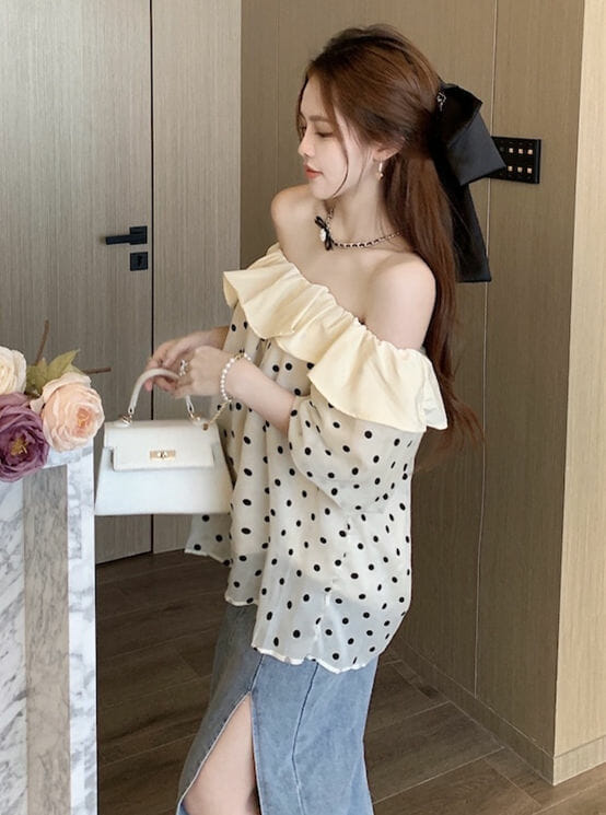 Stylish 2 Colors Boat Neck Dots Loosen Blouse Stylish 2 Colors Boat Neck Dots Loosen Blouse 5