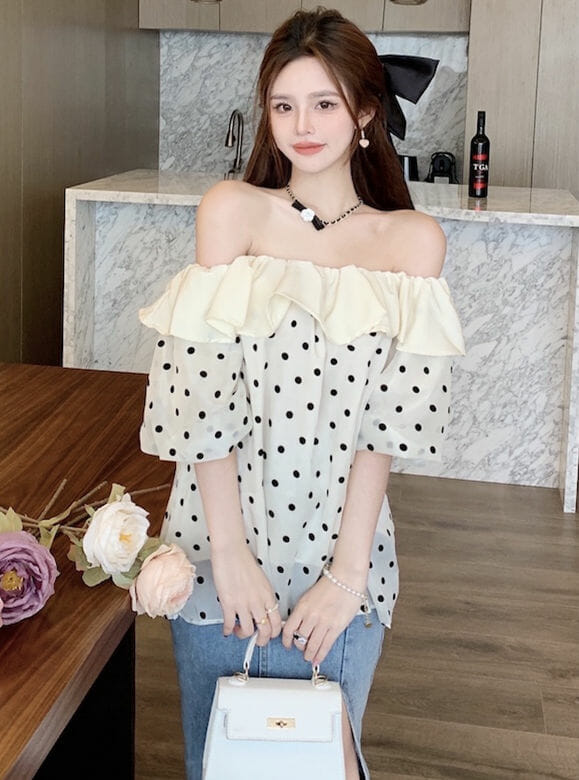 Stylish 2 Colors Boat Neck Dots Loosen Blouse3 Stylish 2 Colors Boat Neck Dots Loosen Blouse 4