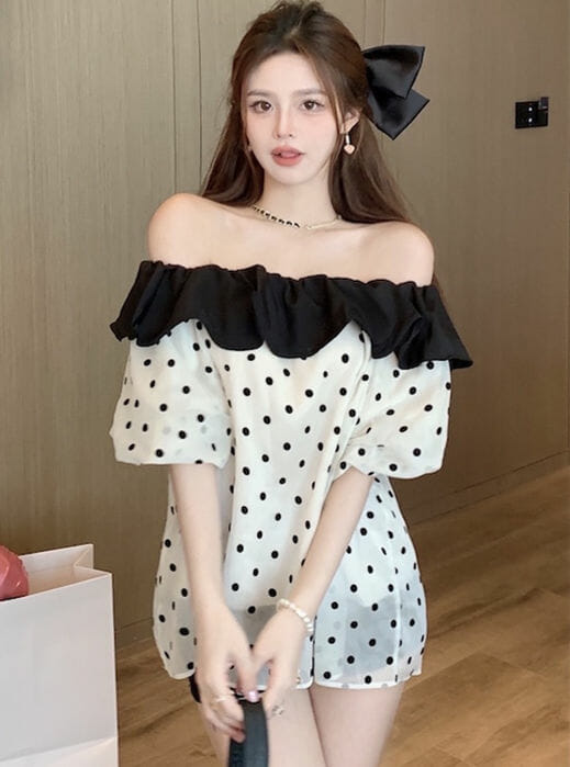 Stylish 2 Colors Boat Neck Dots Loosen Blouse6 Stylish 2 Colors Boat Neck Dots Loosen Blouse 1