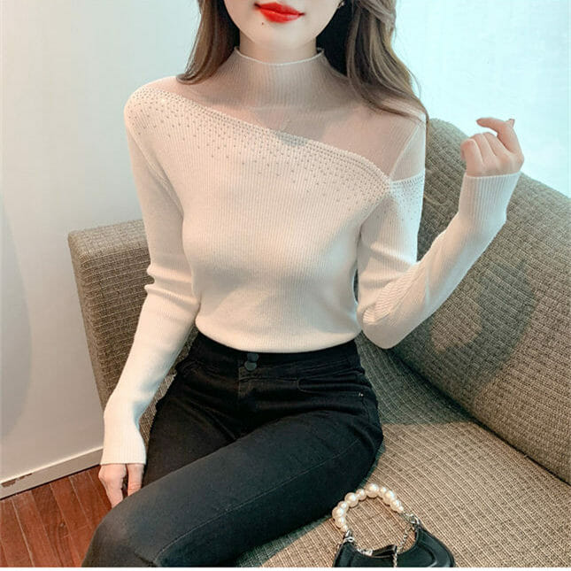 Stylish Korea 3 Colors Rhinestones Gauze Collar Slim Knit T-Shirt Stylish Korea 3 Colors Rhinestones Gauze Collar Slim Knit T-shirt 6