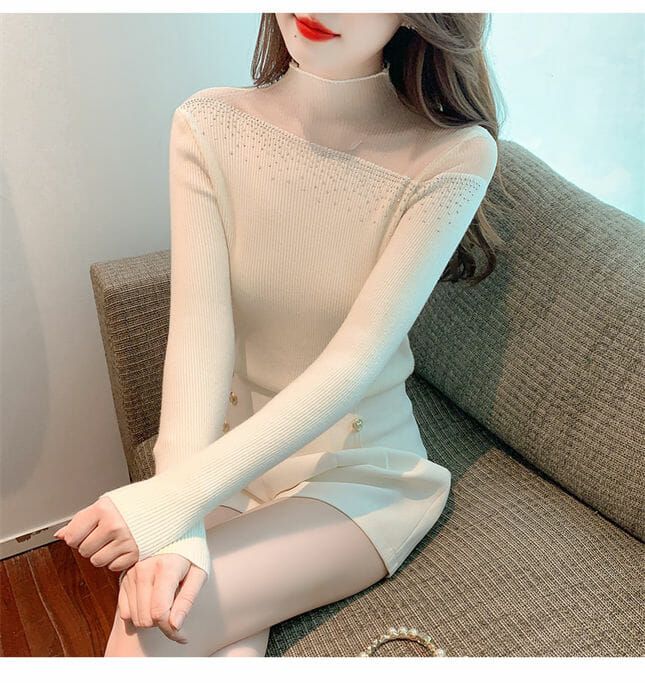 Stylish Korea 3 Colors Rhinestones Gauze Collar Slim Knit T-Shirt2 Stylish Korea 3 Colors Rhinestones Gauze Collar Slim Knit T-shirt 5
