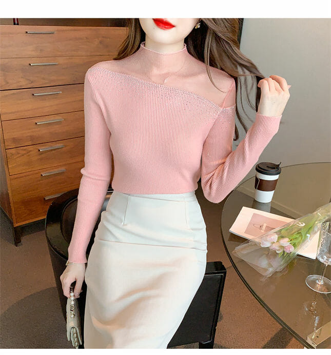 Stylish Korea 3 Colors Rhinestones Gauze Collar Slim Knit T-Shirt3 Stylish Korea 3 Colors Rhinestones Gauze Collar Slim Knit T-shirt 4