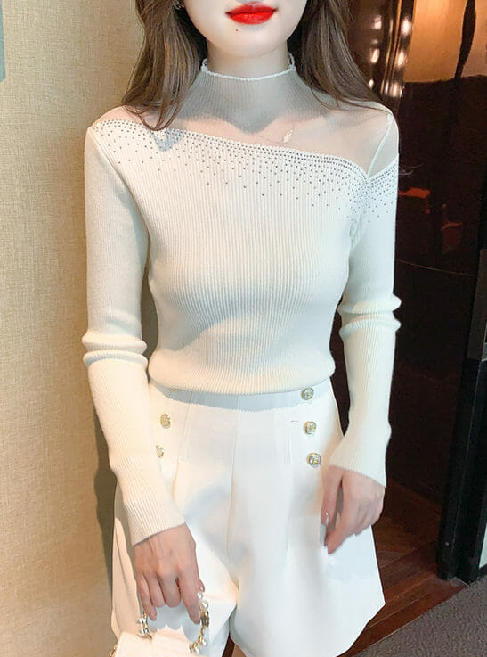 Stylish Korea 3 Colors Rhinestones Gauze Collar Slim Knit T-Shirt6 Stylish Korea 3 Colors Rhinestones Gauze Collar Slim Knit T-shirt 1