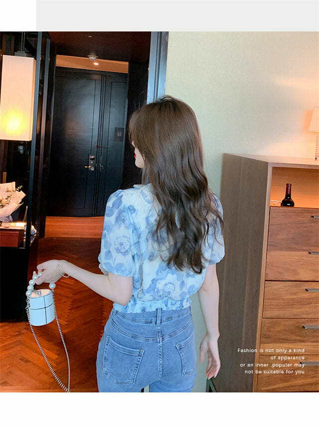 Summer Fashion Flouncing V-Neck Flowers Short Blouse Summer Fashion Flouncing V-neck Flowers Short Blouse 5