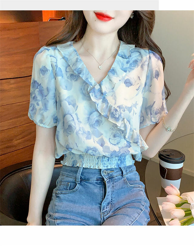 Summer Fashion Flouncing V-Neck Flowers Short Blouse2 Summer Fashion Flouncing V-neck Flowers Short Blouse 4