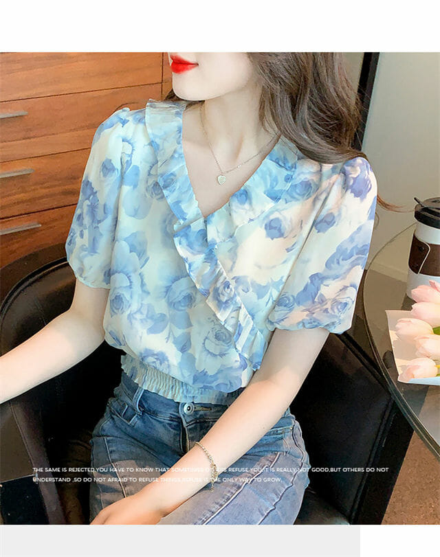 Summer Fashion Flouncing V-Neck Flowers Short Blouse3 Summer Fashion Flouncing V-neck Flowers Short Blouse 3