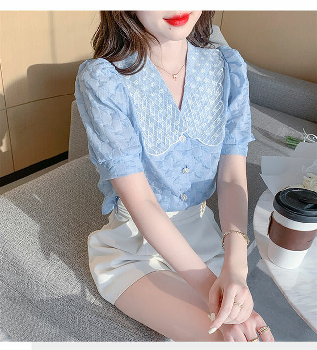 Summer New Lace Embroidery Collar Puff Sleeve Blouse Summer New Lace Embroidery Collar Puff Sleeve Blouse 5