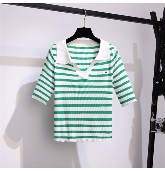 Summer New Stripes V-Neck T-Shirt With Denim Short Jeans3 Summer New Stripes V-neck T-shirt with Denim Short Jeans 3