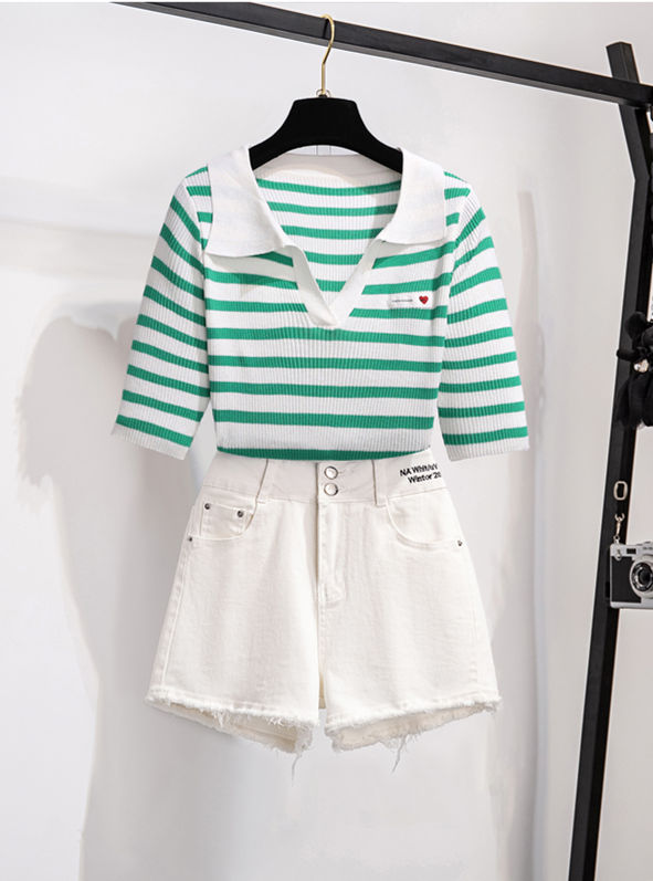 Summer New Stripes V-Neck T-Shirt With Denim Short Jeans5 Summer New Stripes V-neck T-shirt with Denim Short Jeans 1