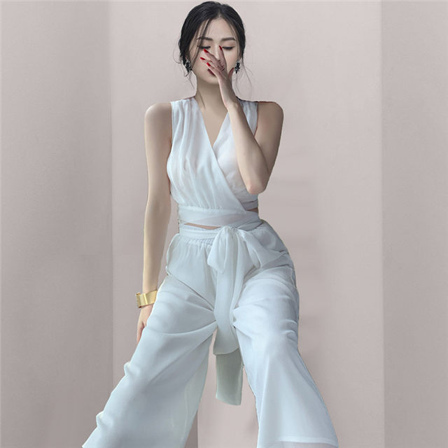 Summer New V-Neck Elastic Waist Wide-Leg Long Suits3 Summer New V-neck Elastic Waist Wide-leg Long Suits 4