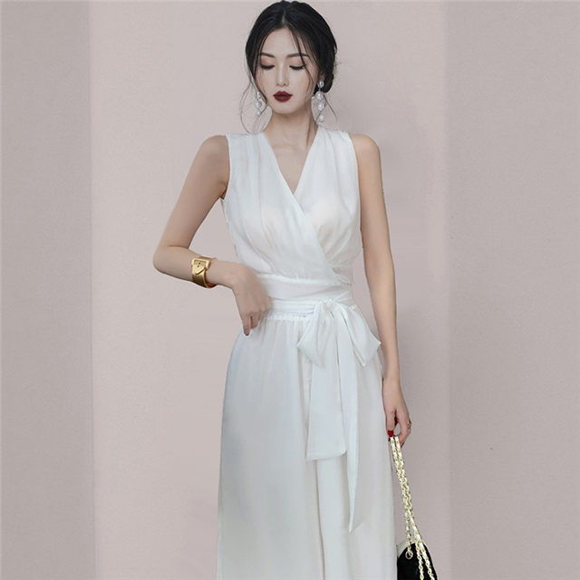 Summer New V-Neck Elastic Waist Wide-Leg Long Suits4 Summer New V-neck Elastic Waist Wide-leg Long Suits 3