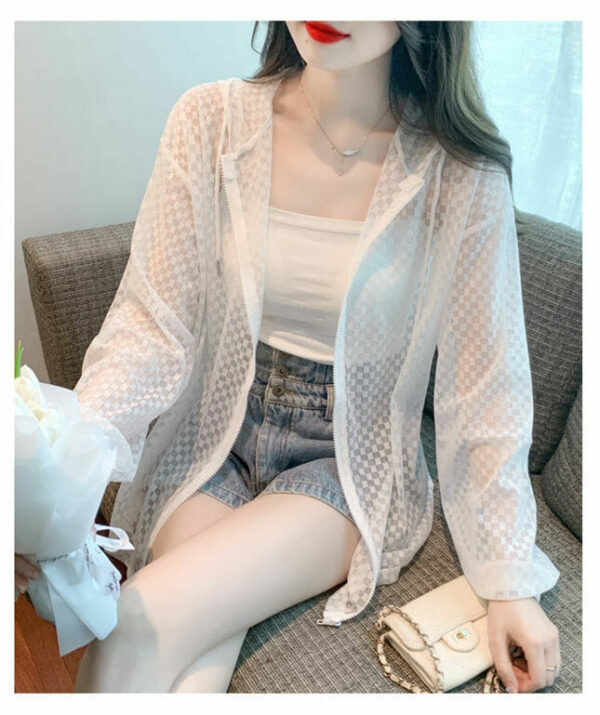 Summer New Zipper Open Hooded Plaids Loosen Blouse 5