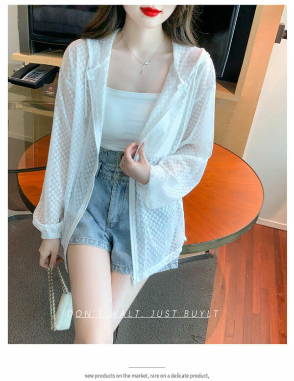 Summer New Zipper Open Hooded Plaids Loosen Blouse 3