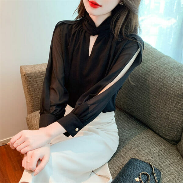 Twisted Collar Split Long Sleeve Chiffon Blouse 2