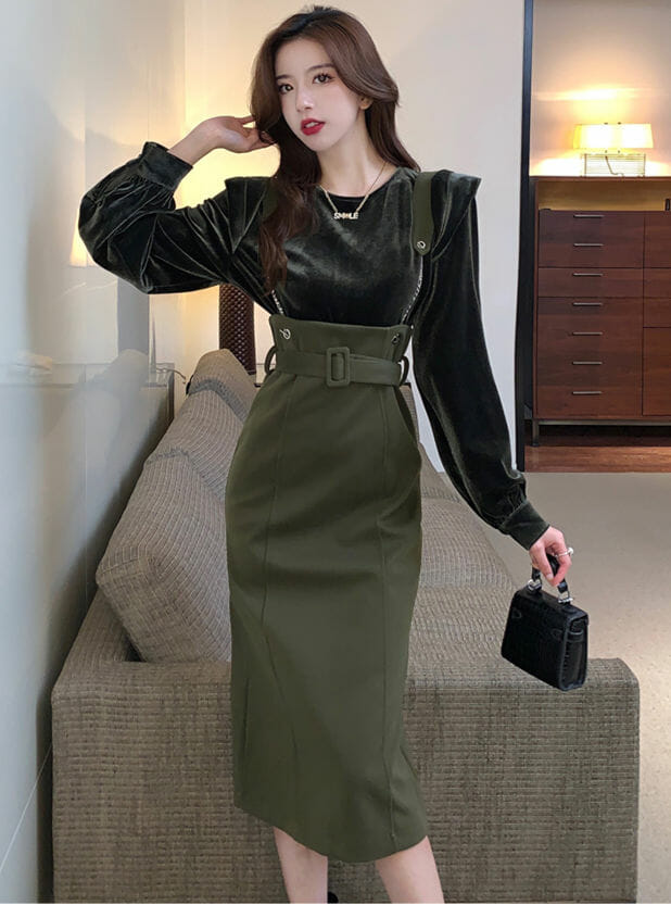 Velvet Tops with Belt Waist Straps Long Dress • Seoulinspired