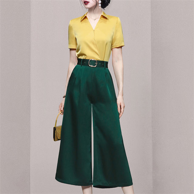 Vogue Lady Shirt Collar Blouse With High Waist Wide-Leg Pants Vogue Lady Shirt Collar Blouse with High Waist Wide-leg Pants 4