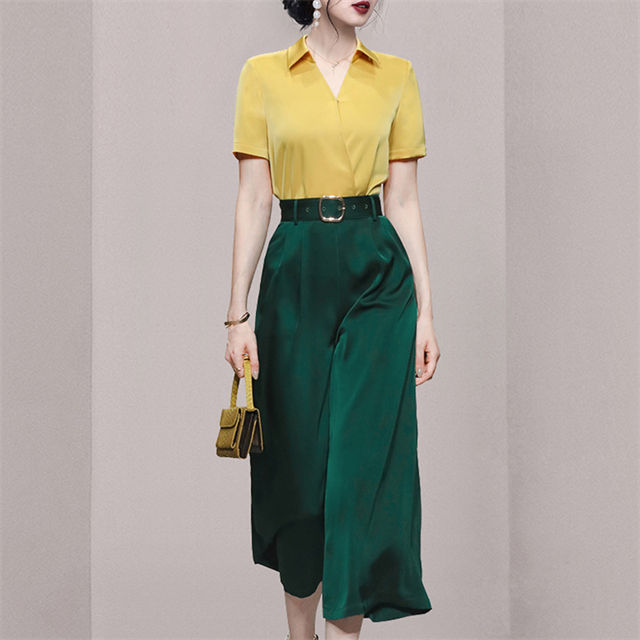 Vogue Lady Shirt Collar Blouse With High Waist Wide-Leg Pants2 Vogue Lady Shirt Collar Blouse with High Waist Wide-leg Pants 3