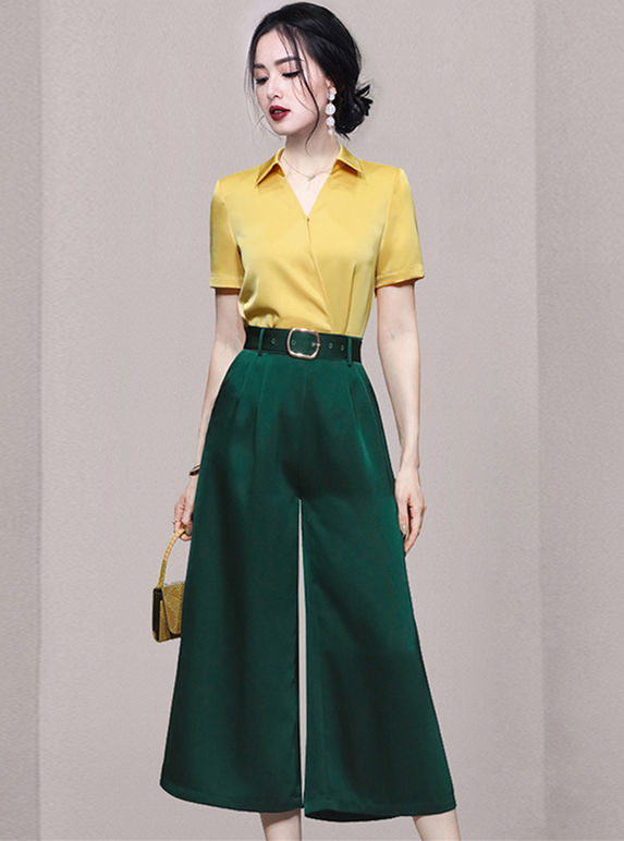 Vogue Lady Shirt Collar Blouse With High Waist Wide-Leg Pants4 Vogue Lady Shirt Collar Blouse with High Waist Wide-leg Pants 1