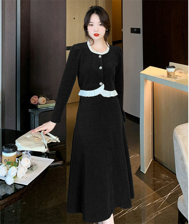 Wholesale Korea Flouncing Round Neck Corduroy Dress Set Korea Flouncing Round Neck Corduroy Dress Set 6