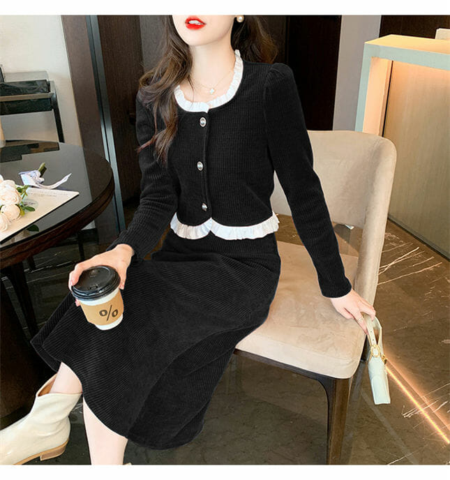 Wholesale Korea Flouncing Round Neck Corduroy Dress Set2 Korea Flouncing Round Neck Corduroy Dress Set 5
