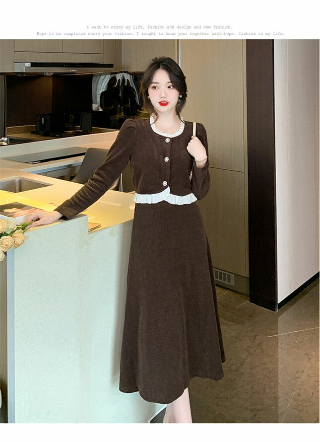 Wholesale Korea Flouncing Round Neck Corduroy Dress Set4 Korea Flouncing Round Neck Corduroy Dress Set 3