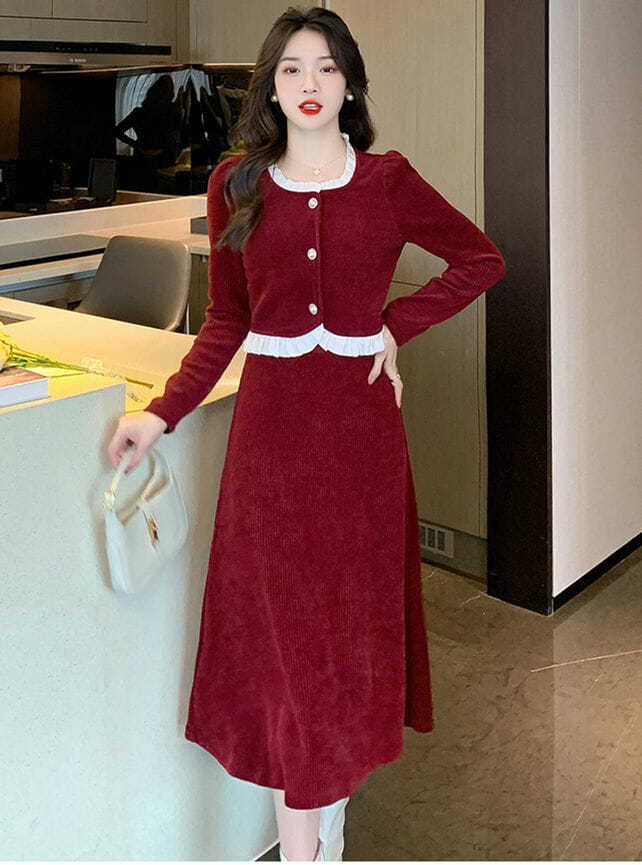 Wholesale Korea Flouncing Round Neck Corduroy Dress Set6 Korea Flouncing Round Neck Corduroy Dress Set 1