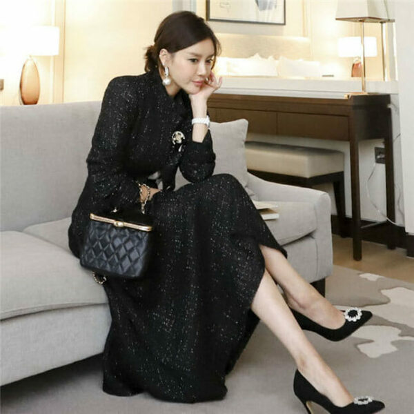 Winter Fashion High Waist Tweed Woolen Long Dress Set 3