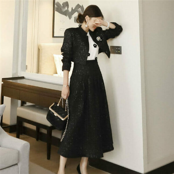 Winter Fashion High Waist Tweed Woolen Long Dress Set 2
